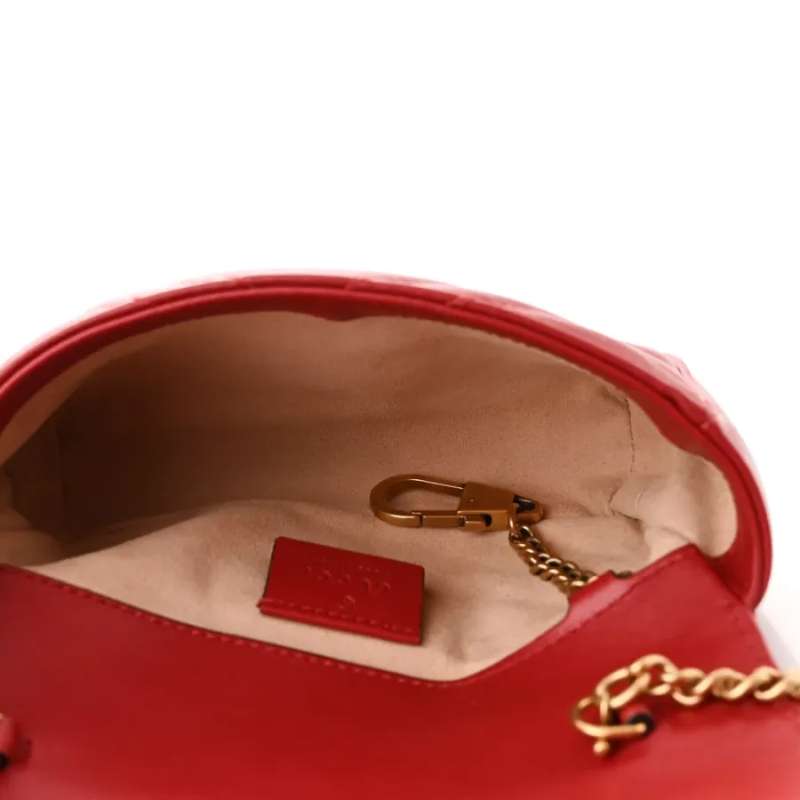 Gucci Super Mini GG Marmont Shoulder Bag Hibiscus Red Calfskin Matelassé Leather Gold Hardware