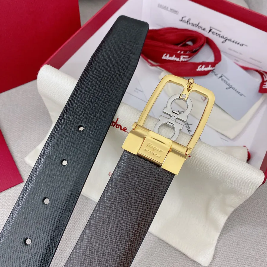 Ferragamo Men's Square Buckle Belt In Black/Coffee Grained Calfskin With Gold/Silver Hardware 35mm