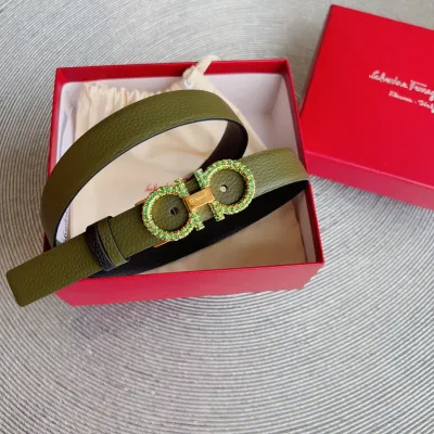 Ferragamo Women's Double Gancini Buckle With Crystals Adjustable Belt In Red/Brown/Green/Pink/Black/White/Burgundy/Khaki/Celery Grained Calfskin With Gold/Silver Hardware 25mm