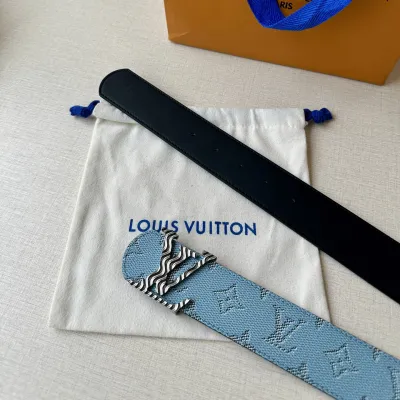Louis Vuitton Men's Dimension Monogram Héritage Belt In Blue/White Canvas With Gold/Silver Hardware 40mm