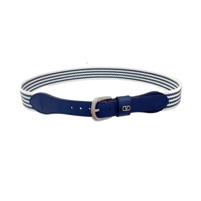 Valentino Square Buckle Belt In Black/Blue Calfskin And Brown/Blue Canvas With Gold/Silver Hardware 25mm