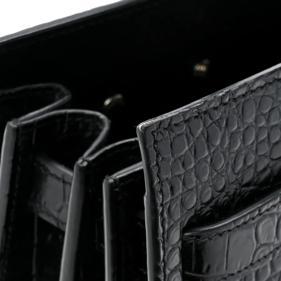 Saint Laurent Small Sac De Jour Black Embossed Calfskin & Crocodile Leather Silver Hardware