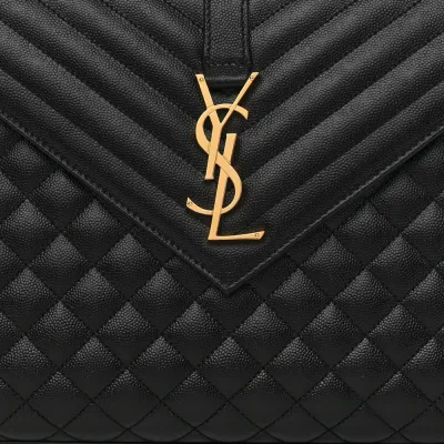 Saint Laurent Large Satchel Black Triquilt Monogram Grain De Poudre Textured Mixed Matelasse Leather Gold Hardware
