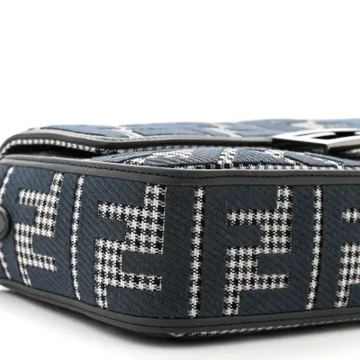 Fendi FF Embroidered Baguette Grigio / Anthracite Houndstooth Wool & King Vitello Leather Ruthenium Hardware