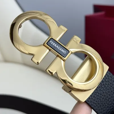 Ferragamo Men's Double Gancini Buckle Belt In Black Grained Calfskin With Gold/Silver/Black Hardware 35mm