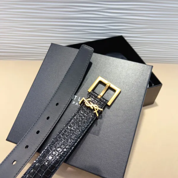 Saint Laurent Cassandre Belt In Black/Beige/Green Crocodile-Embossed Leather With Gold Hardware 30mm - Image 4
