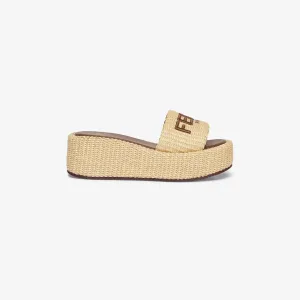 FENDI Beige cotton platform sandals slippers