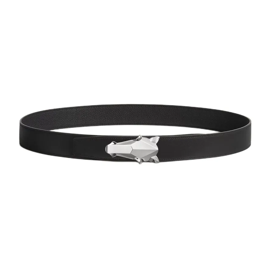 Hermès Men' s Destrier Buckle Reversible Belt In Black/Etoupe/Coffee/Brown/Blue Grained Calfskin With Silver Hardware 32mm