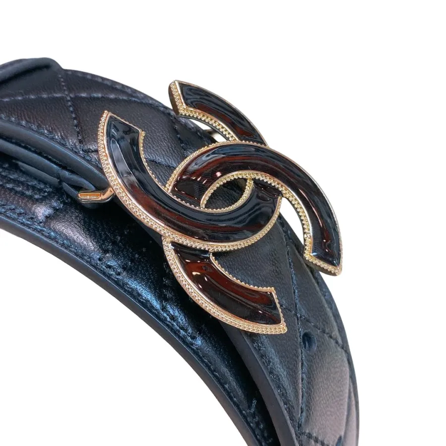 Chanel Women's CC Belt In Black/White Diamond Stitching Calfskin With Gold Hardware 30mm