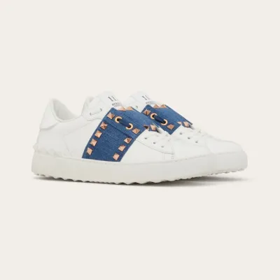 VALENTINO Women's studded denim trim calfskin sneakers