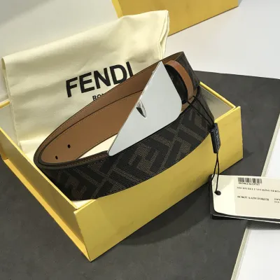Fendi Men's FF Monster Eyes Belt In Brown/Black Saffiano Leather With Gold/Silver Hardware 35mm