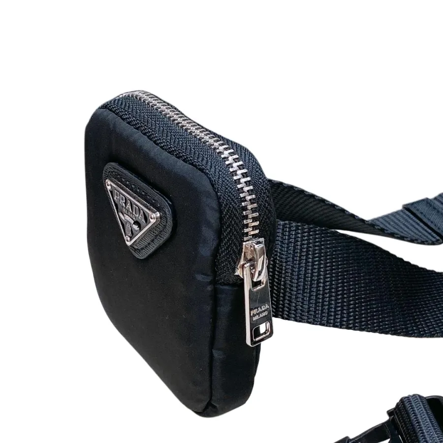Prada Women' s Belt With Mini Pochette In Black Nylon With Silver Hardware