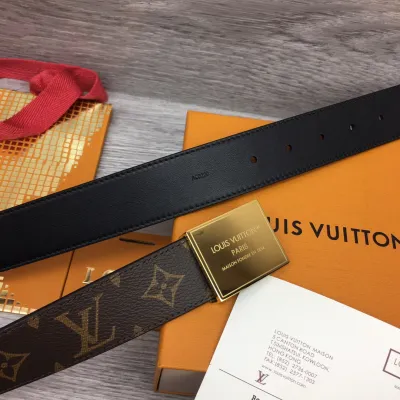 Louis Vuitton Women's Square Buckle Reversible Belt In Black Calfskin And Monogram Canvas With Gold Hardware 35mm