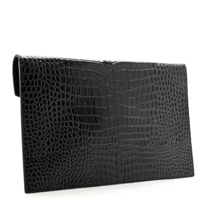 Saint Laurent Medium Uptown Clutch Black Embossed Monogram Calfskin & Crocodile Leather Gold Hardware