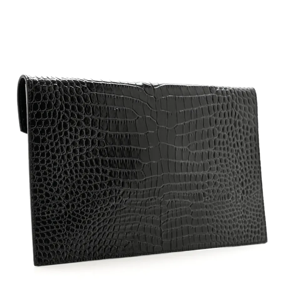 Saint Laurent Medium Uptown Clutch Black Embossed Monogram Calfskin & Crocodile Leather Gold Hardware