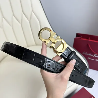 Ferragamo Men's Double Gancini Buckle Reversible Belt In Black Crocodile-Embossed Calfskin With Gold/Silver/Black Hardware 35mm