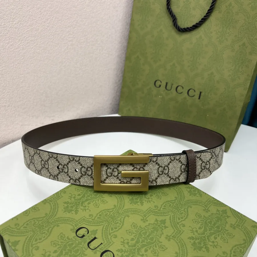 Gucci Men's Square G Buckle Reversible Belt In Black/Brown/Beige Monogram Calfskin And Canvas With Gold/Silver Hardware 25mm