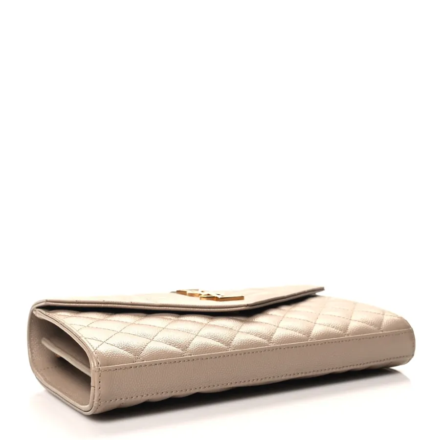 Saint Laurent Small Chain Wallet Dark Beige Triquilt Monogram Grain De Poudre Mixed Matelasse Leather Gold Hardware