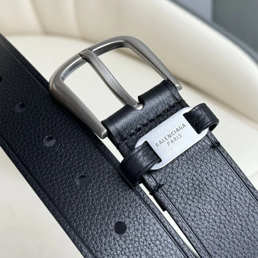 Balenciaga Men's Black Suit Belt In Black Grained Calfskin With Gold/Silver Hardware 35mm