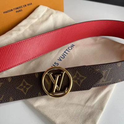 Louis Vuitton Women's Circle Buckle Belt In Black/Red Calfskin And Monogram Canvas With Gold/Silver Hardware 35mm