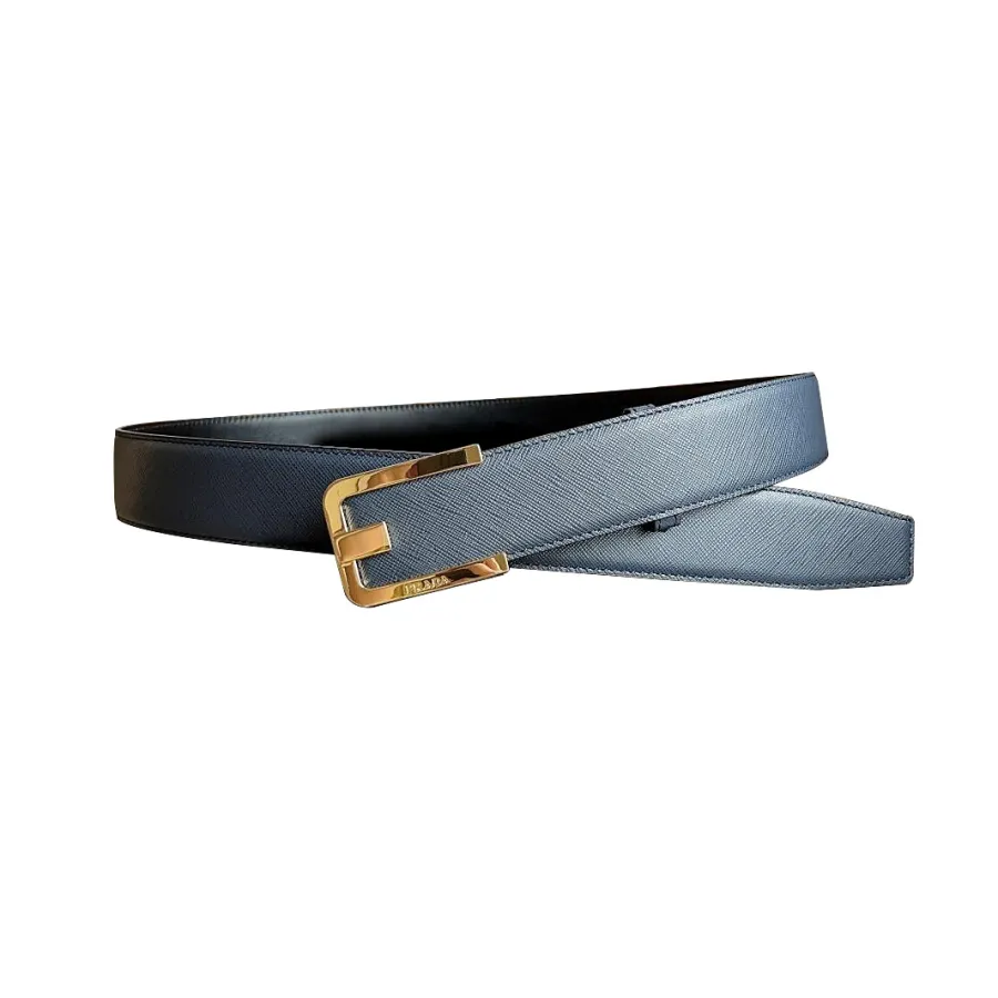 Prada Men' s Square Buckle Belt In Black Saffiano Calfskin With Gold/Silver Hardware 40mm