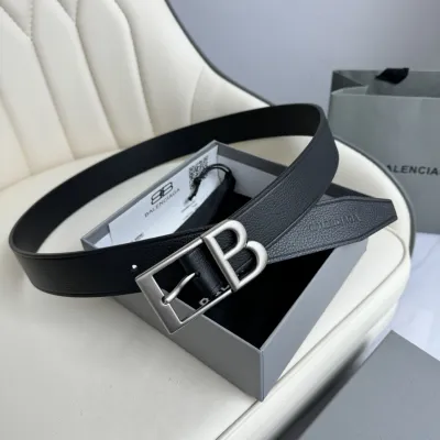 Balenciaga Men's Classic B Large Belt In Black Grained Calfskin With Gold/Silver Hardware 35mm