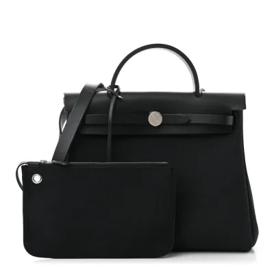 Hermès Herbag Zip PM 31 Black Military Toile & Vache Hunter Leather Palladium Silver Hardware