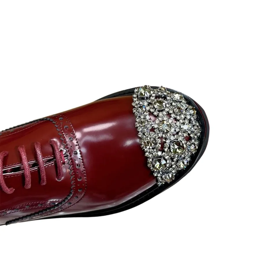 Roger Vivier Viv' Rangers Lace-Ups Loafers In White/Red Leather With Crystal Flowers