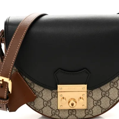 Gucci Small Padlock Messenger Shoulder Bag Beige/Black GG Supreme Monogram Canvas & Calfskin Leather Gold Hardware