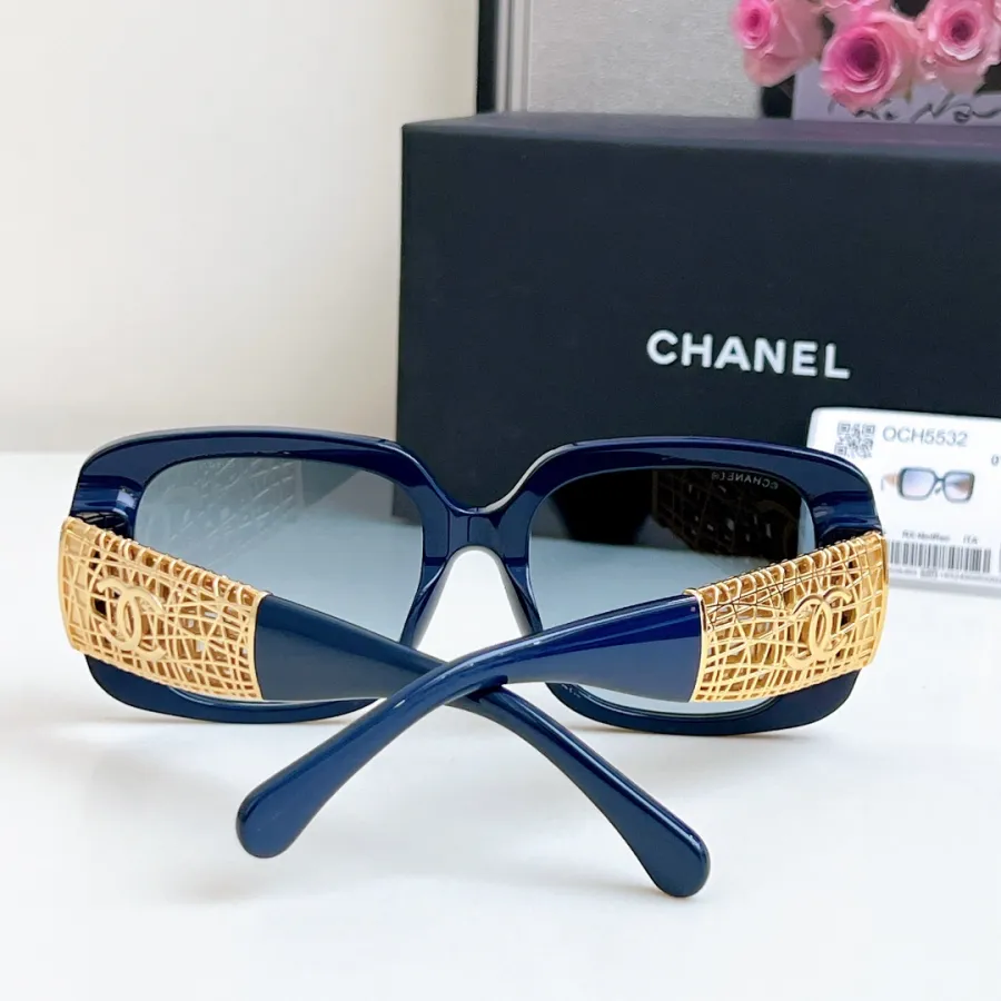 CHANEL square frame glasses blue gold color size 54-20-140