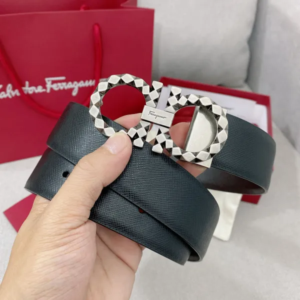 Ferragamo Men's Sharp Double Gancini Buckle Reversible Belt In Black/Coffee Saffiano Calfskin With Gold/Silver Hardware 35mm - Image 3