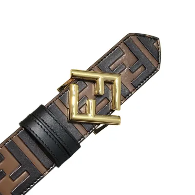 Fendi Men's FF Diamonds Belt In Brown/Black Calfskin With Gold/Silver/Black Hardware 38mm