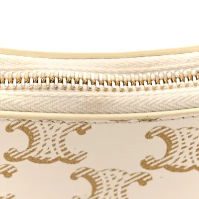 Celine Small Ava Triomphe Shoulder Bag White Canvas & Calfskin Leather Gold Hardware $430