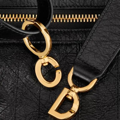 Dior Medium D-Journey Bag in Black Crinkled Calfskin Gold Hardware