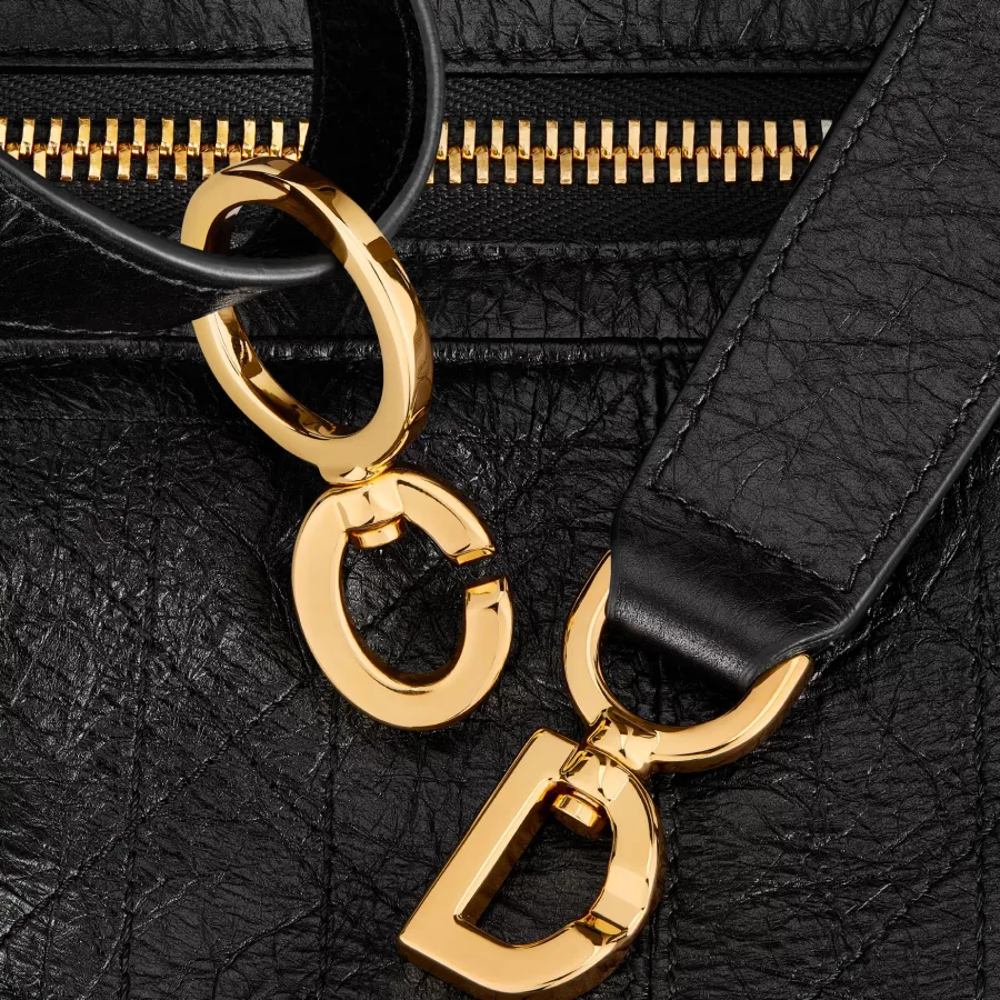 Dior Medium D-Journey Bag in Black Crinkled Calfskin Gold Hardware