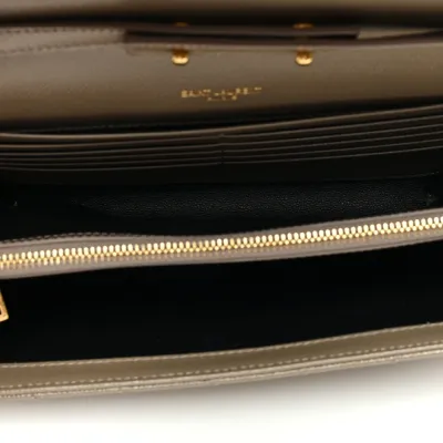 Saint Laurent Small Chain Wallet Dark Beige Triquilt Monogram Grain De Poudre Mixed Matelasse Leather Gold Hardware