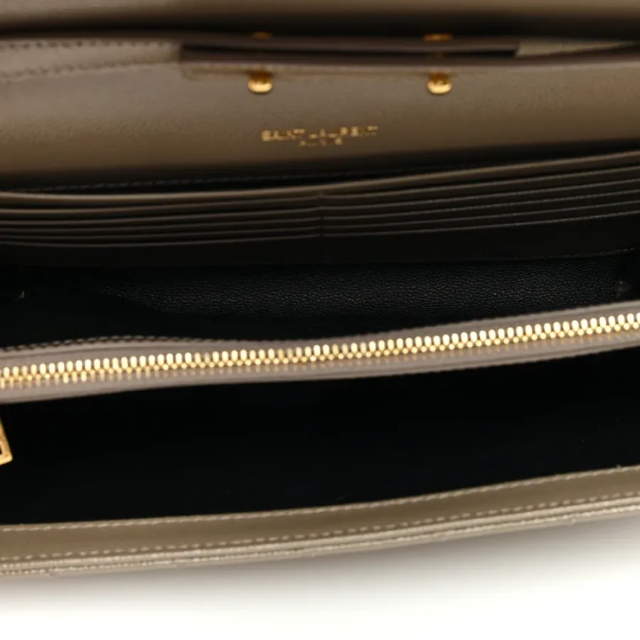 Saint Laurent Small Chain Wallet Dark Beige Triquilt Monogram Grain De Poudre Mixed Matelasse Leather Gold Hardware
