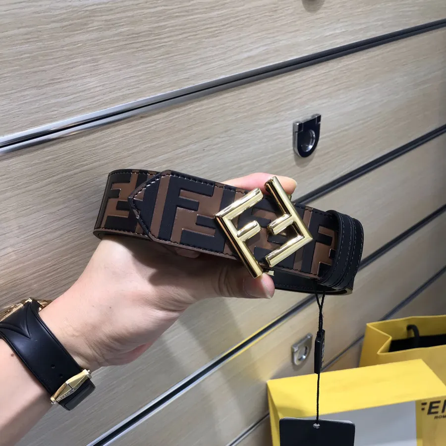 Fendi Men's FF Diamonds Belt In Brown/Black Calfskin With Gold/Silver/Black Hardware 38mm