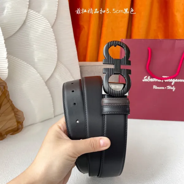 Ferragamo Men's Double Gancini Buckle Reversible Belt In Black/Coffee Smooth Calfskin With Gold/Silver/Black/Gun Black Hardware 35mm - Image 2