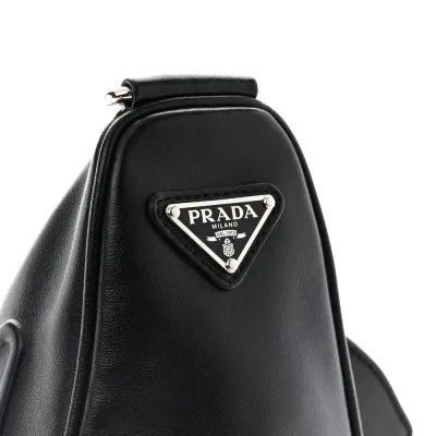 Prada Medium Triangle Shoulder Bag Black Calfskin Leather Silver Hardware