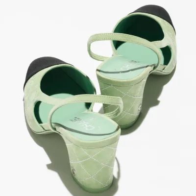 Chanel, light green, silver and black, suede sheepskin and satin, Rear lace up high heels High Heels Sandal