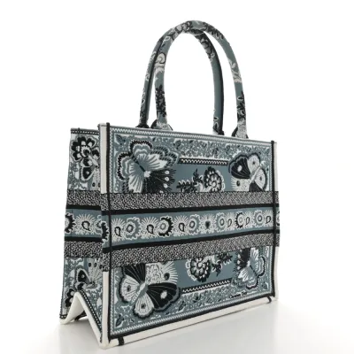 Dior Medium Butterfly Bandana Book Tote Black/White Embroidered Canvas