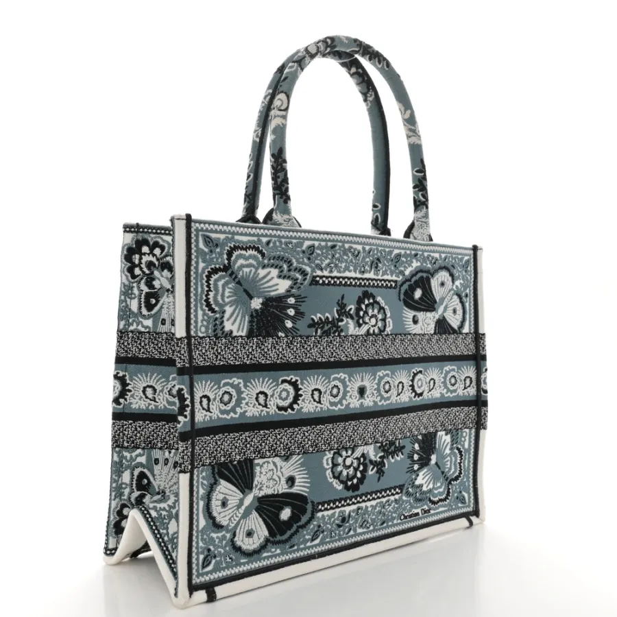 Dior Medium Butterfly Bandana Book Tote Black/White Embroidered Canvas
