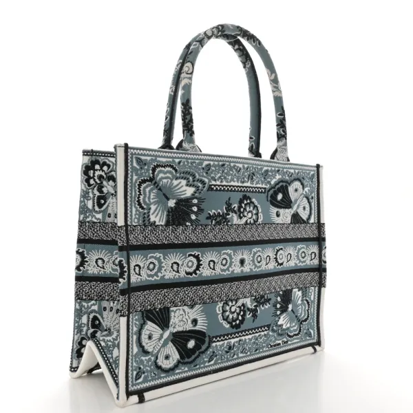 Dior Medium Butterfly Bandana Book Tote Black/White Embroidered Canvas - Image 3