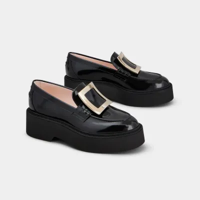Roger Vivier Viv' Rangers Loafers In Black Patent Leather With Metal Buckle (Heel Height 5.5cm)
