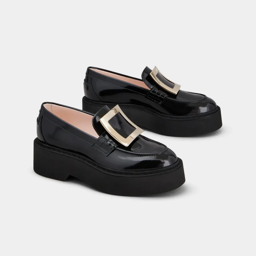 Roger Vivier Viv' Rangers Loafers In Black Patent Leather With Metal Buckle (Heel Height 5.5cm)