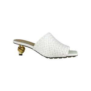 Bottega Veneta Knot Mule In White Intrecciato Leather Mule With Signature Metal Knot Heel (Heel Height 4.5cm)