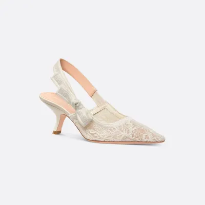 Dior beige white pointy embroidered stiletto heels