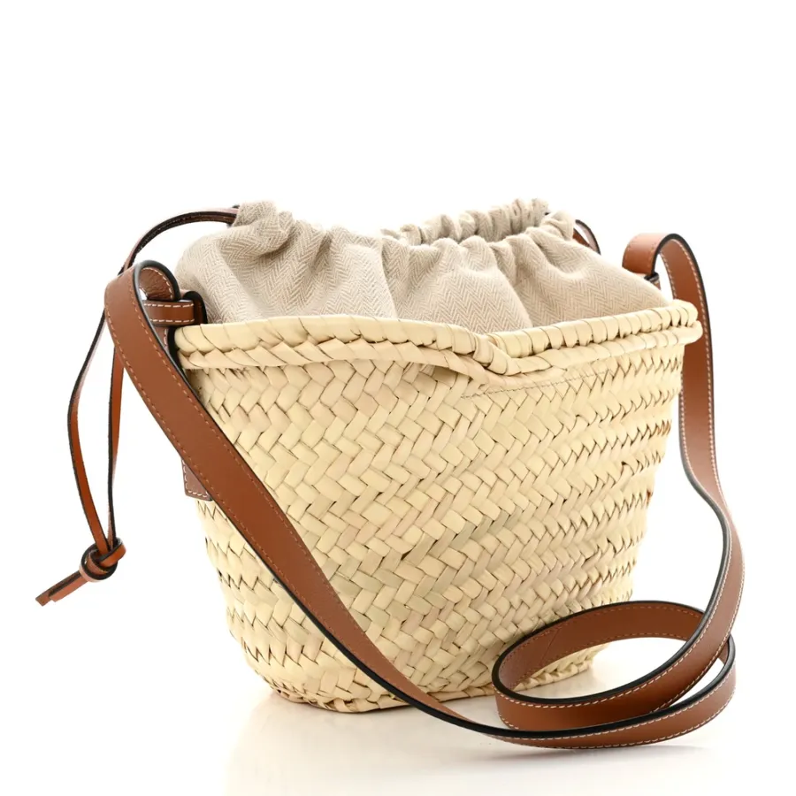 Loewe Leaf Palm Drawstring Bucket Bag Mini Natural/Tan Calfskin Leather