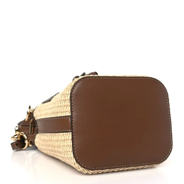 Fendi Mini F is Fendi Logo Crochet Mon Tresor Bucket Bag Natural/Brown Straw Gold Hardware - Image 6